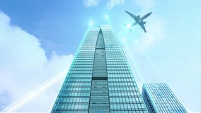 Digital technology effects composited with business buildings and flying airplanes - Powered by Shutterstock - Get 15% off with code: PIKWIZARD15