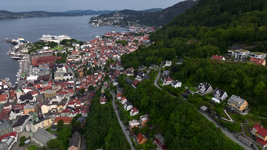 Bergen Aerial View, the second-largest city in Norway in municipality Hordaland on the west coast of Norway.
