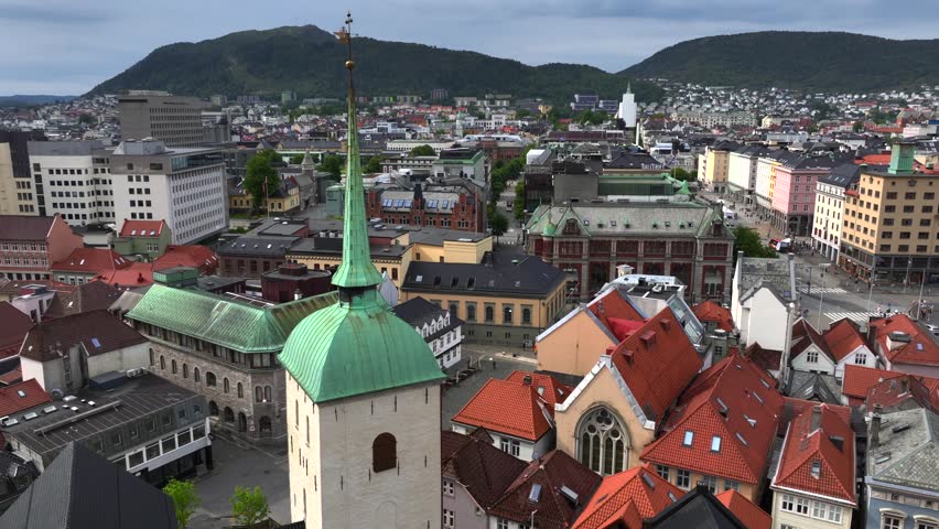 Bergen Aerial View, the second-largest city in Norway in municipality Hordaland on the west coast of Norway.