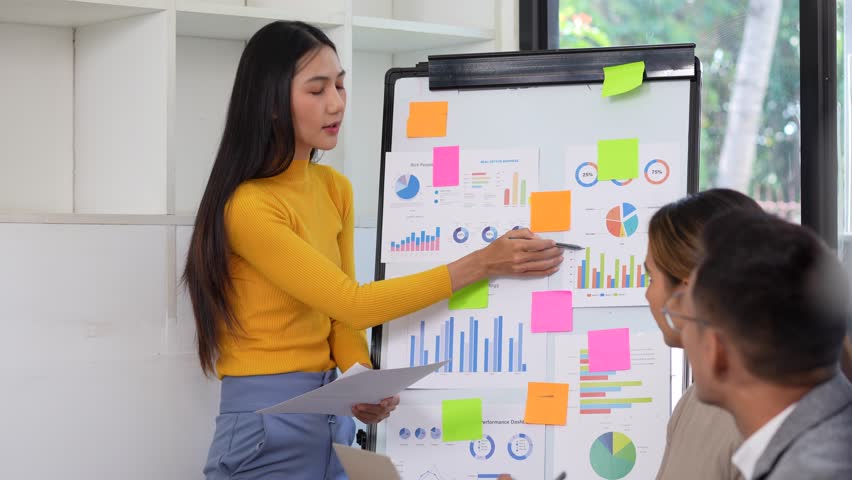 Womans Presentation of Data and Charts in Business Meeting Engaging Colleagues with Visual Aids, Sticky Notes, and Collaborative Discussions on Key Insights.