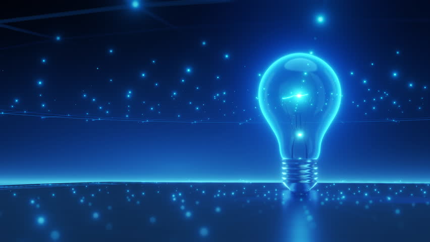 Bright blue light bulb against a dark background with digital connections symbolizing technology, innovation, and futuristic ideas.