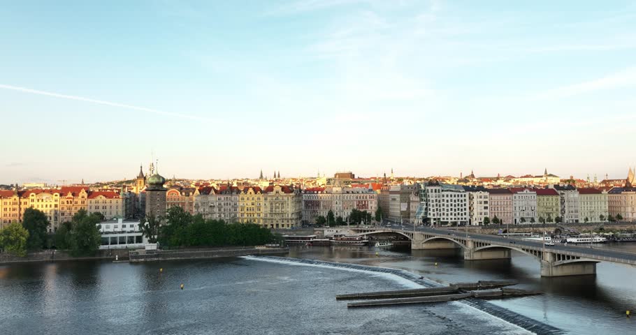 Prague scenic aerial view. Prague architecture and bridge over Vltava river. Prague, Czechia, Czech Republic. Panoramic view from above on the Prague center, cityscape.
