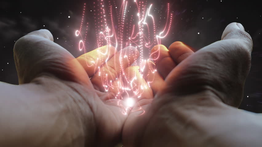 Human hands praying with particle effects