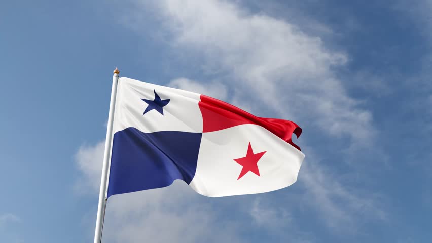 Flag of Panama on a blue sky, flag on a flag pole waving in the wind, country in central america, national symbol of Panama, video of a flag