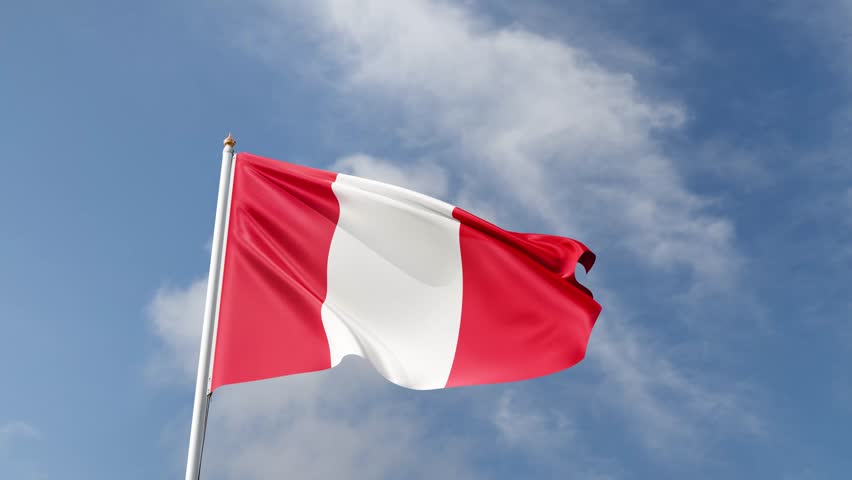 Flag of Peru on a blue sky, flag on a flag pole waving in the wind, country in south america, national symbol of Peru, video of a flag