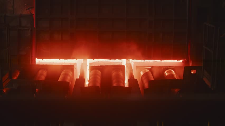A red-hot sheet of metal rolls down a conveyor at a steel production plant.