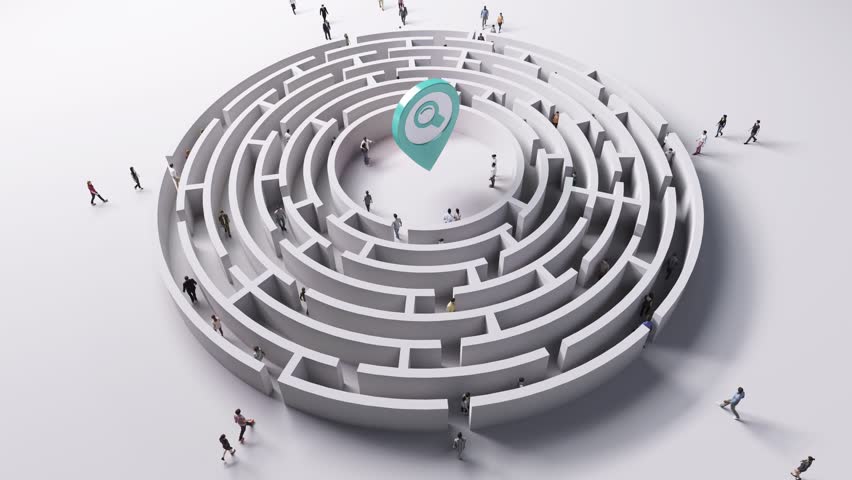 People entering to round labyrinth with loupe navigation symbol in the center. Maze perspective view and people searching for solution, information, aim the goal, sucess.