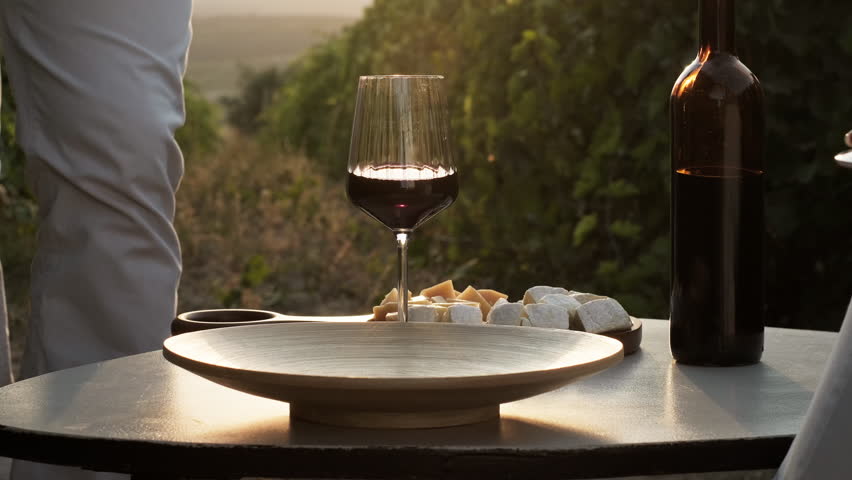 Picnic with wine cheese and fresh grapes in vineyards at sunset. Male hands put bunches of grapes on a plate. Grape harvest, wine production