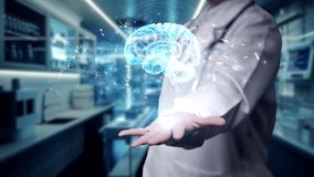 Close up of doctor holding glowing blue brain hologram at laboratory with blurring background. Skilled neurologist checking at brain holographic and diagnosis brain injury. Focus on hand. Remedial. - Powered by Shutterstock - Get 15% off with code: PIKWIZARD15
