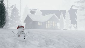 Snowman closeup ,Wooden log cabin in the woods of snow covered ,snow deer - Powered by Shutterstock - Get 15% off with code: PIKWIZARD15