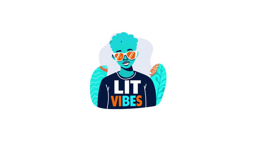 A man wearing lit vibes typography shirt, a flat animated sticker