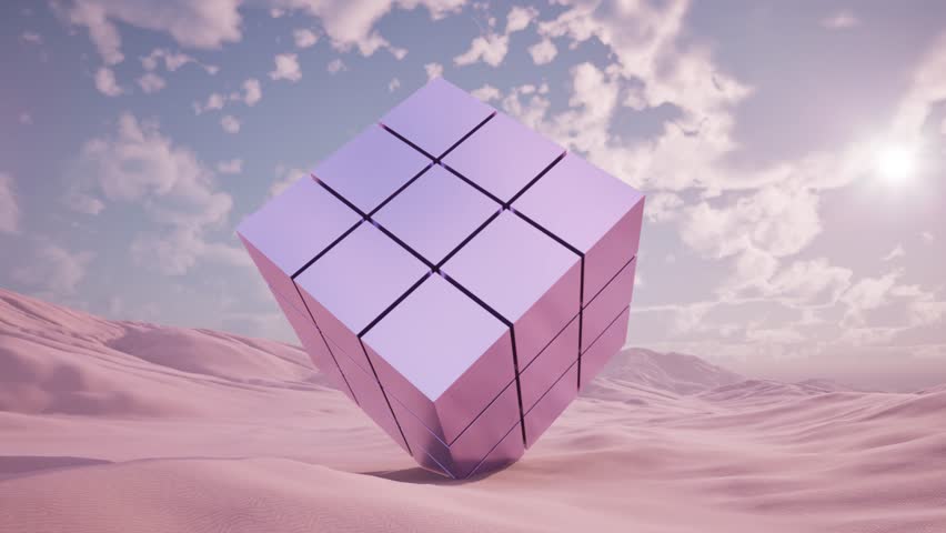 A beautiful and captivating Floating Cubic Structure set in a Dreamy, enchanting Landscape. 3d render desert.