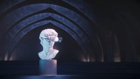 A white marble statue of David's head wearing VR glasses is surrounded by holographic data waves. Futuristic dark background.  - Powered by Shutterstock - Get 15% off with code: PIKWIZARD15
