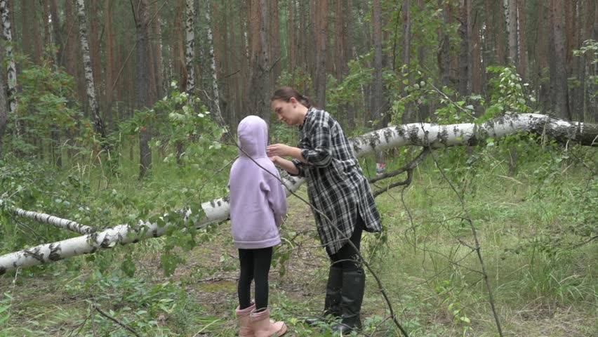 Mom dad and daughter walk in the green forest, pick mushrooms and berries