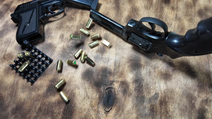 gun cartridges slow motion video. Cartridges falling on table slow motion video. Shot. Gun. Self-defense. Danger.