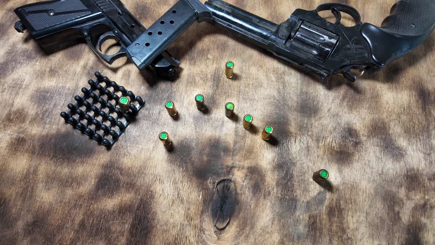 gun cartridges slow motion video. Cartridges falling on table slow motion video. Shot. Gun. Self-defense. Danger.