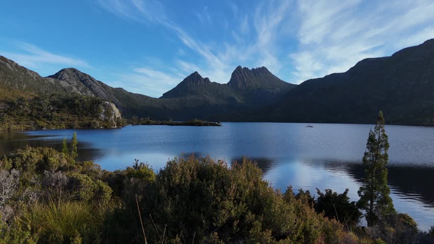4k30 Dove Lake in the Cradle Mountain Area in Tasmania Australia, Drone View