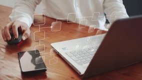 Animated model of a block diagram of the protection of databases and financial information against the background of a businessman working on a laptop. The concept of making money. Cg - Powered by Shutterstock - Get 15% off with code: PIKWIZARD15