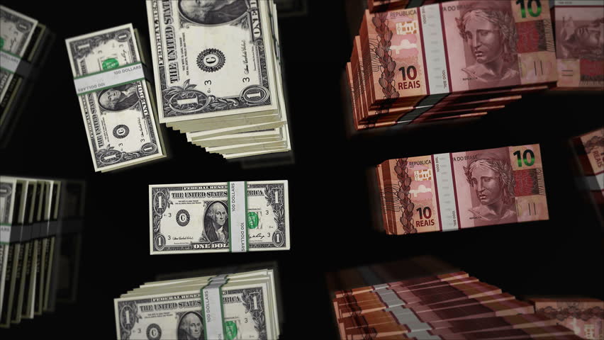 American Dollar and Brazil money Brazilian Real money exchange. Paper banknotes pack bundle. Concept of trade, economy, competition, crisis, banking and finance. Notes loopable seamless 3d.