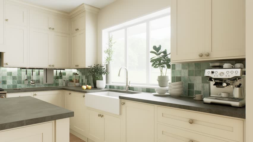 This modern kitchen features elegant cabinets, a green tile backsplash, and plenty of natural light throughout. 3d animation. 3D Illustration