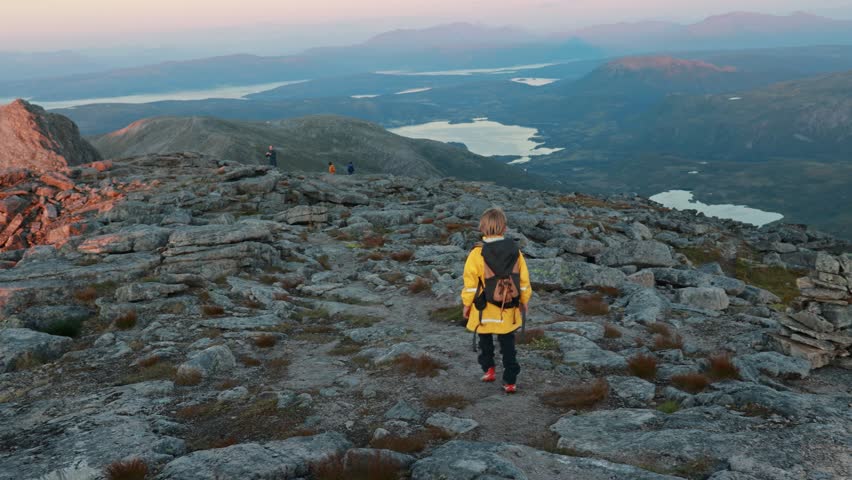 Children and adults, family with dog, hiking Grytetippen trail in Senja, Lofoten on a sunny hot summer day	