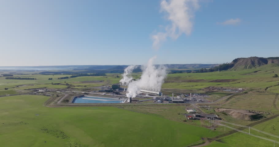 Flying towards the Tauhara geothermal power station in Taupo, New Zealand.