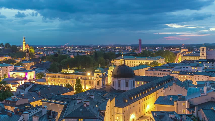 Salzburg Austria time lapse night city skyline of Salzburg city center