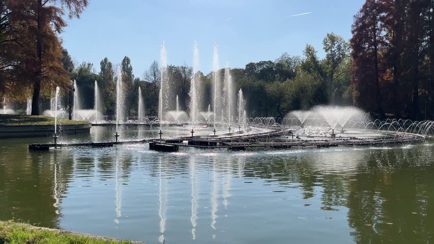 water fountains on a lake in the park, Floating Lake Fountains