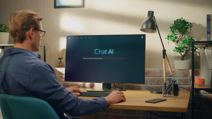 Creative Prompt Engineer Sits at a Desk Using a Computer, Using AI Chatbot Virtual Assistant. Ai-powered Tool Enhances Task Management and Boosts Efficiency Through Intelligent Productivity Assistance