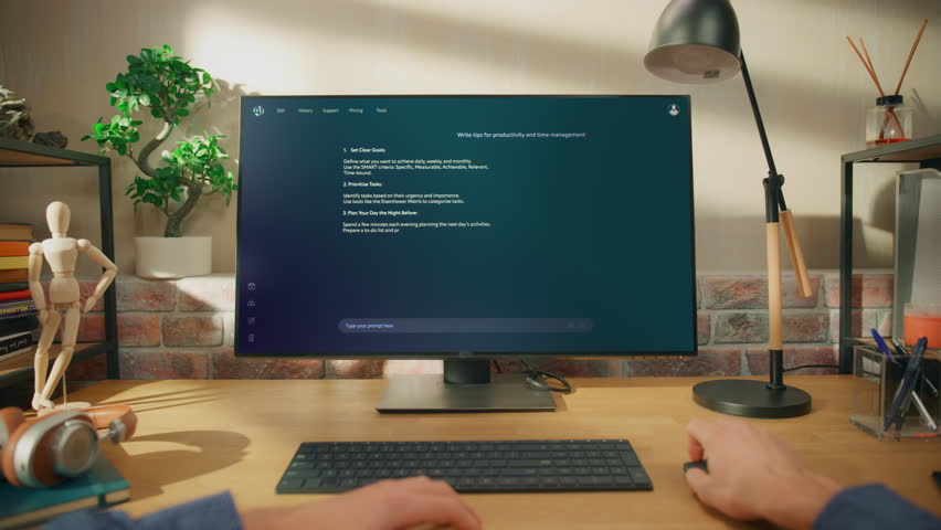 POV Shot: Person Using Computer and Screen Displays an AI Chatbot Interface With Productivity Tips. AI Virtual Assistant Helps ask Management, Enhanced Efficiency and Productivity. Point of View Angle