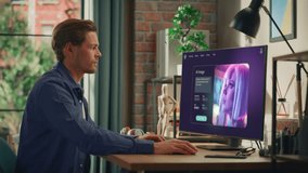 Young Creative Marketing Brand Specialist Uses AI Image Generation Software on Desktop Computer, Creating Futuristic Woman Portrait. Digital Art Creator using AI Assistant for Ebusiness - Powered by Shutterstock - Get 15% off with code: PIKWIZARD15