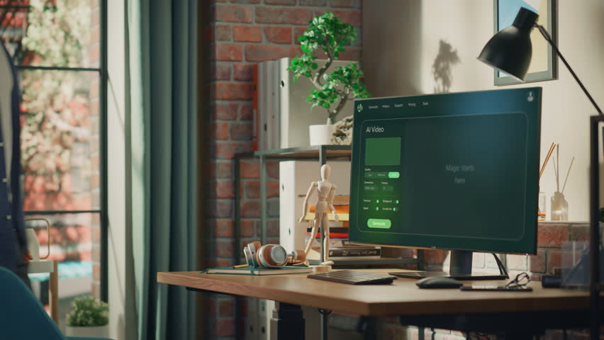 Young Creative Marketing Brand Specialist Uses AI Image Generation Software on Desktop Computer, Creating Futuristic Woman Portrait. Digital Art Creator using AI Assistant for Ebusiness