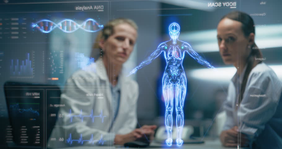Doctor And Patient Discussing Diagnosis, Using Anatomical Holograms. AI Processes Biometrics, Genomic Sequence, Cellular Metabolomics, 3D Visualization Of Gene, Physiological For Precision Diagnostic