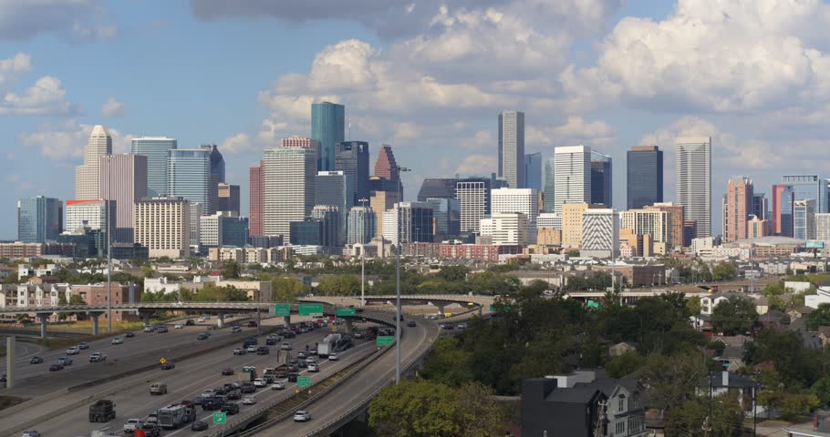 High angle establishing drone view of Houston, Texas