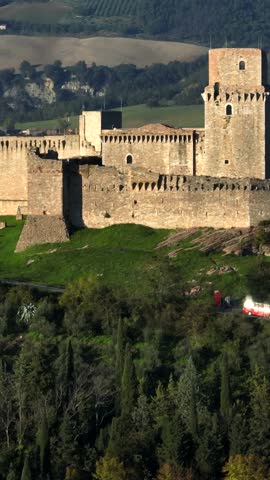 Rocca Maggiore in Assisi, Umbria, Italy.
Aerial view of Rocca Maggiore in assisi, Perugia, a tourist pilgrimage destination.