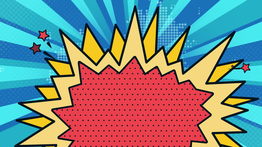 Colorful comic explosion with jagged edges and dotted pattern on a vibrant blue radial background with stars