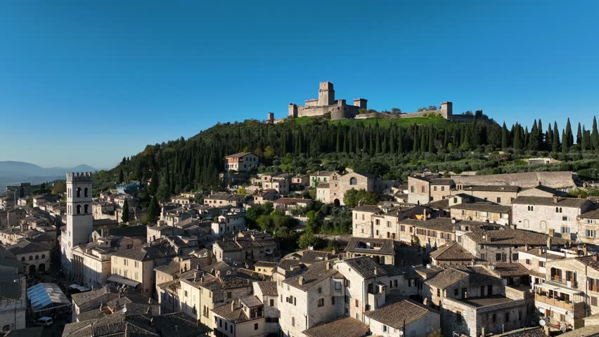 Rocca Maggiore in Assisi, Umbria, Italy.
Aerial view of Rocca Maggiore in assisi, Perugia, a tourist pilgrimage destination.