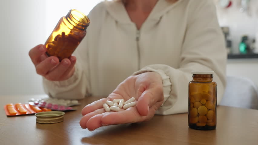 Female pours supplement capsules from brown glass bottle into their hand, surrounded by other bottles and blister packs on table. Self-care, health, daily wellness routines. Women's health. Lifestyle 