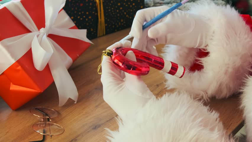 Close up of a Santa hands painting a Christmas tree toy, side view. Happy New Year 2025.