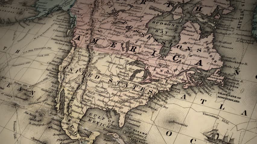 Nineteenth century old map animated move from Europe to North America
