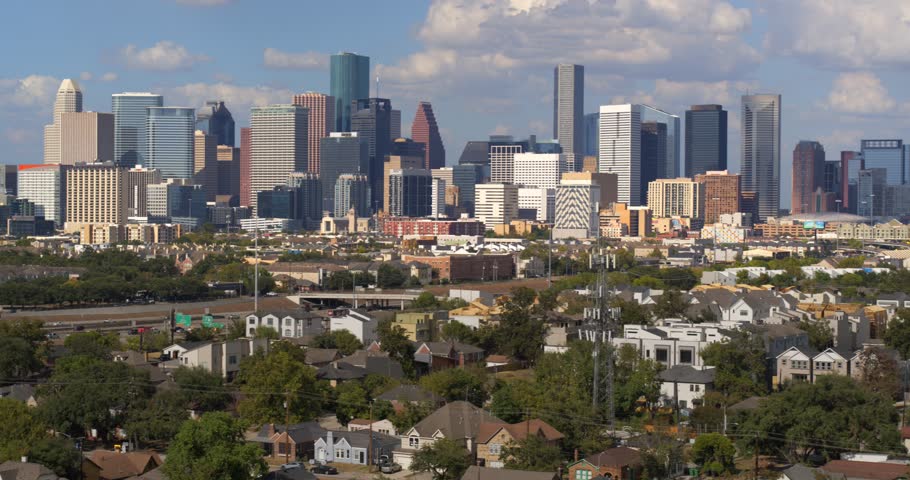 Establishing aerial shot of downtown Houston and surrounding area
