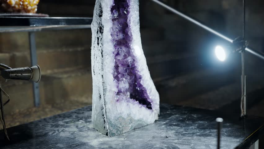 A breathtaking amethyst geode partially encased in a block of ice, illuminated by studio lights, showcasing the crystal