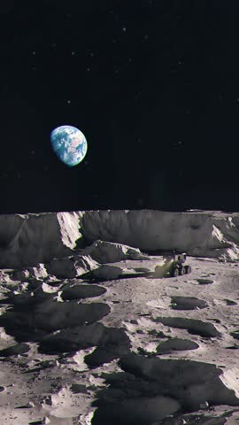 Vertical Shot of Earthrise Seen From the Surface of the Moon with a Futuristic Lunar Rover