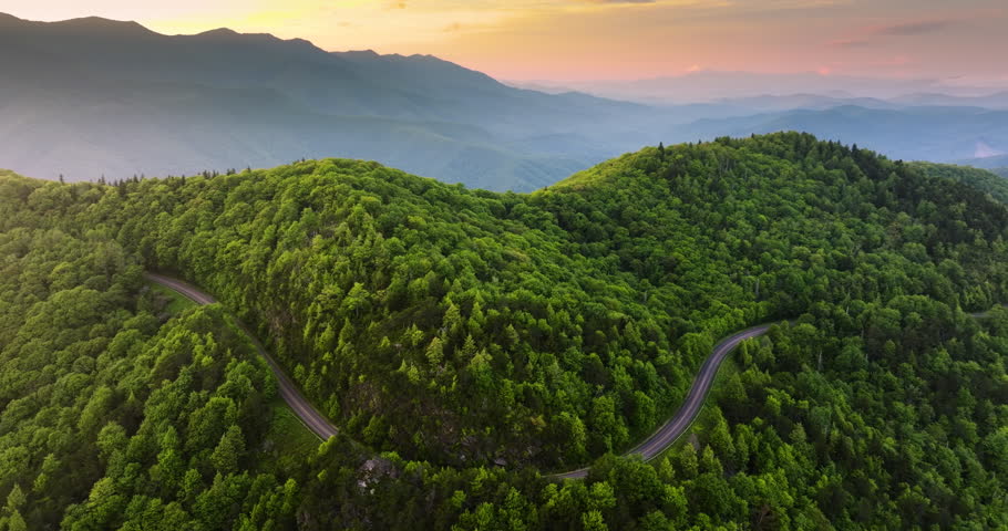 Evening landscape of Blue Ridge Parkway in summer season. Mountain pass road in North Carolina Appalachian mountains, USA