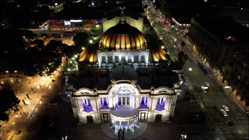 Nighttime Aerial View of the Palacio de Bellas Artes in Mexico City