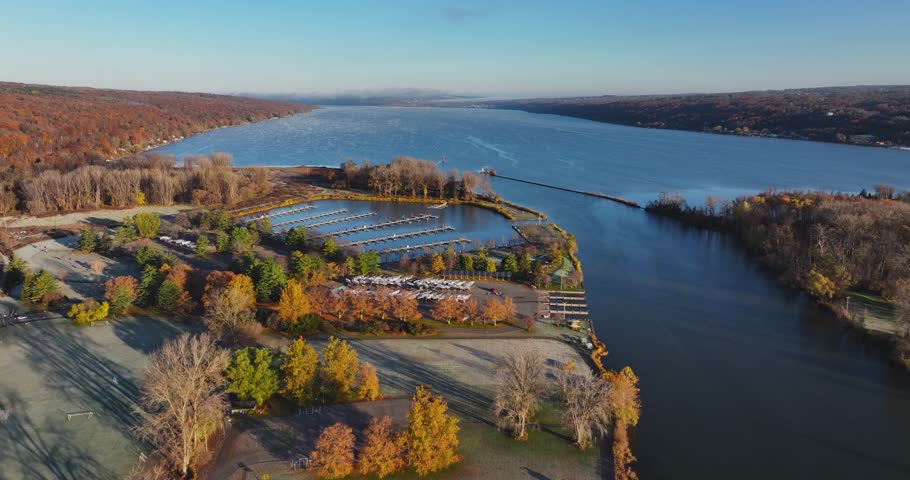 Autumn aerial video of the Cayuga Lake inlet at Allan H Treman State Marine Park, Ithaca, NY, USA. 11-03-2024	