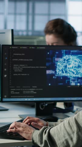 Engineer in server hub making generative artificial intelligence website generating videos using diffusion model algorithms. Employee coding AI virtual assistant producing clips, camera A