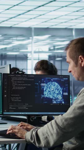 Engineer in server hub making AI software turning text prompt into photos. Technician in data center building text to image artificial intelligence generator transforming words into pictures, camera B