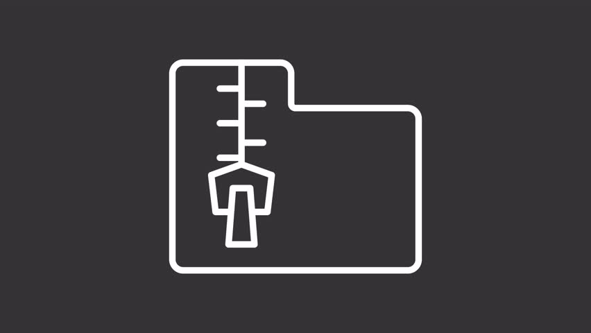 Data folder white line animation. Document directory animated icon. Moving zip. Algorithm, technology. Isolated illustration on dark background. Transition alpha video. Motion graphic
