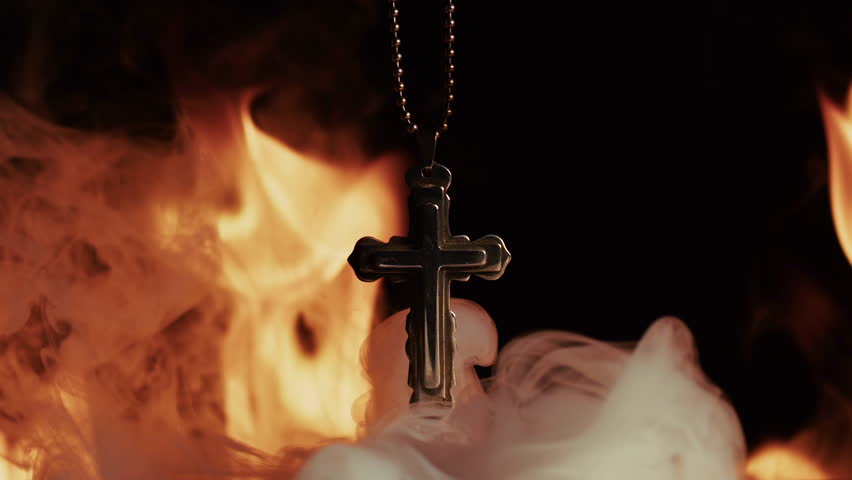 Christian Religion Symbol Holy Cross on Hell Fire